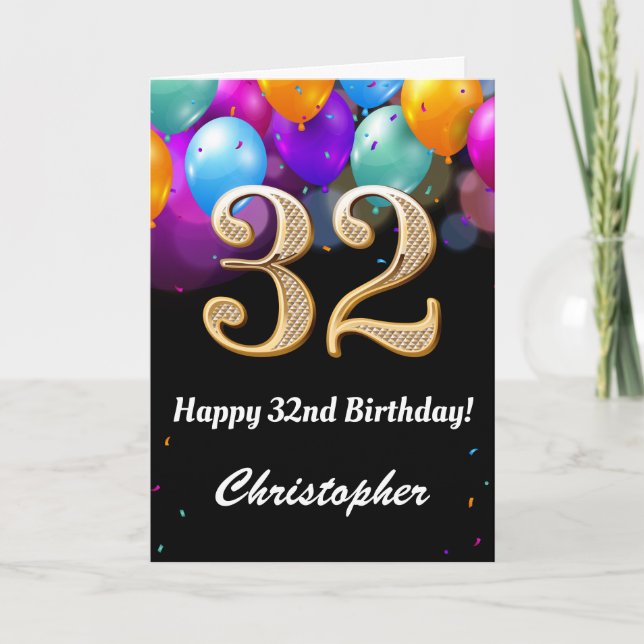 32nd Birthday Black and Gold Colourful Balloons Card (Front)