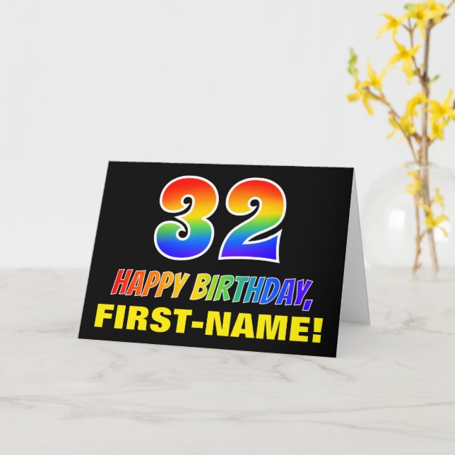 32nd Birthday: Bold, Fun, Simple, Rainbow 32 Card (Yellow Flower)