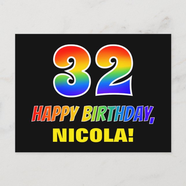 32nd Birthday: Bold, Fun, Simple, Rainbow 32 Postcard (Front)