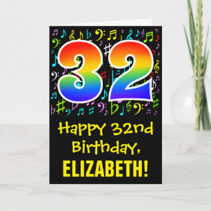 32nd Birthday: Colourful Music Symbols + Rainbow 3 Card