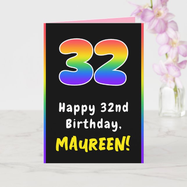 32nd Birthday: Colourful Rainbow # 32, Custom Name Card (Orchid)