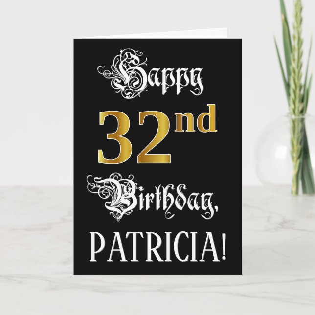 32nd Birthday — Fancy Script; Faux Gold Look; Name Card (Front)