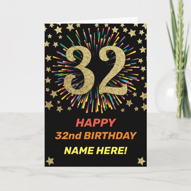 32nd Birthday Fireworks Rainbow Gold Fun Card (Front)
