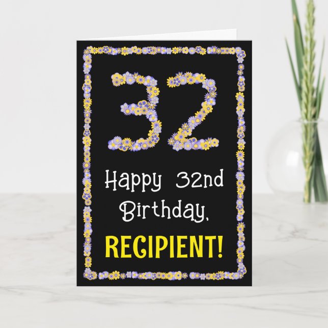 32nd Birthday: Floral Flowers Number, Custom Name Card (Front)