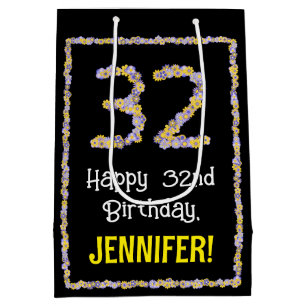32nd Birthday: Floral Flowers Number, Custom Name Medium Gift Bag