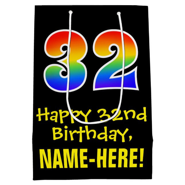 32nd Birthday: Fun, Bold, Colourful, Rainbow "32" Medium Gift Bag (Back)