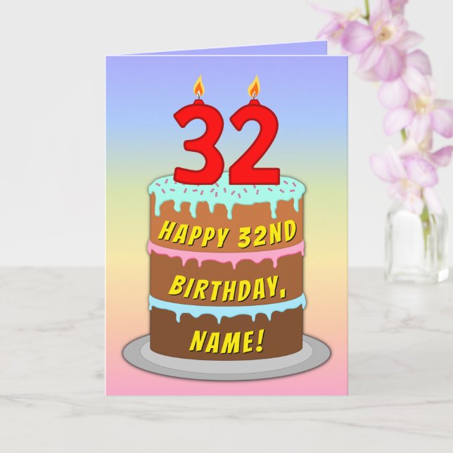 32nd Birthday — Fun Cake & Candles, w/ Custom Name Card (Orchid)