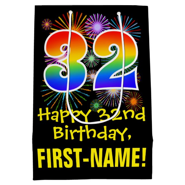 32nd Birthday: Fun Fireworks Pattern + Rainbow 32 Medium Gift Bag (Back)