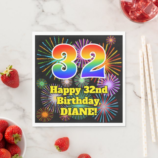 32nd Birthday: Fun Fireworks Pattern + Rainbow 32 Napkin (Insitu)