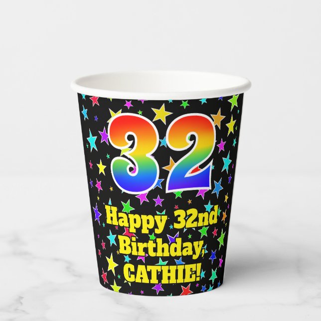 32nd Birthday: Fun Stars Pattern and Rainbow 32 Paper Cups (Back)