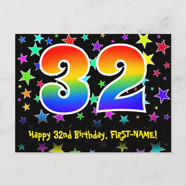 32nd Birthday: Fun Stars Pattern, Rainbow 32, Name Postcard (Front)