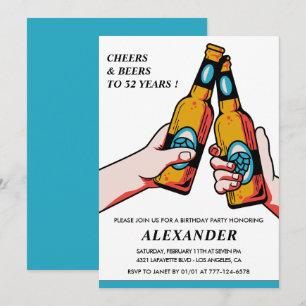 32nd birthday invitation Cheers and Beers Men Blue