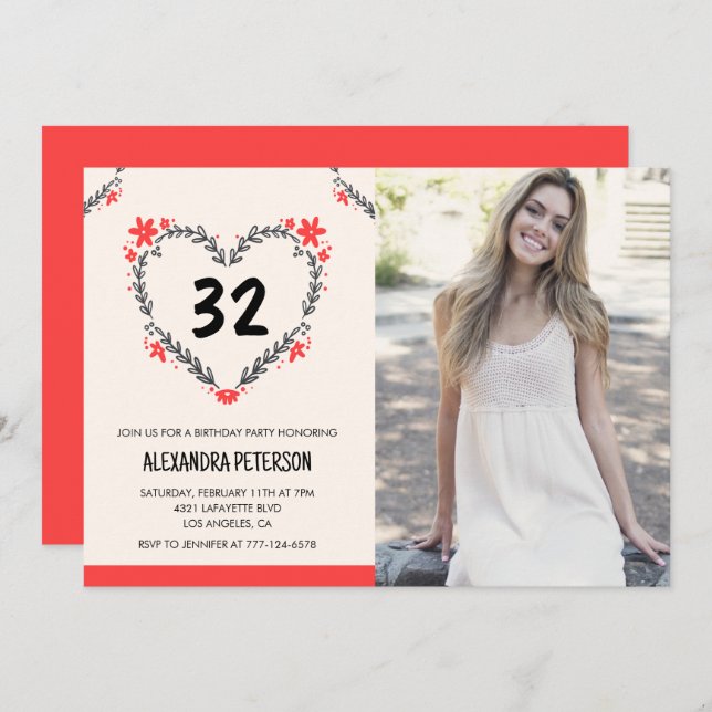 32nd birthday invitations for her Floral Heart (Front/Back)