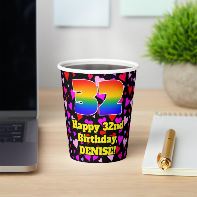 32nd Birthday: Loving Hearts Pattern, Rainbow 32 Paper Cups (Insitu)