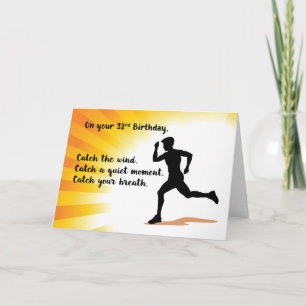 32nd Birthday Man Running with Sunburst Background Card