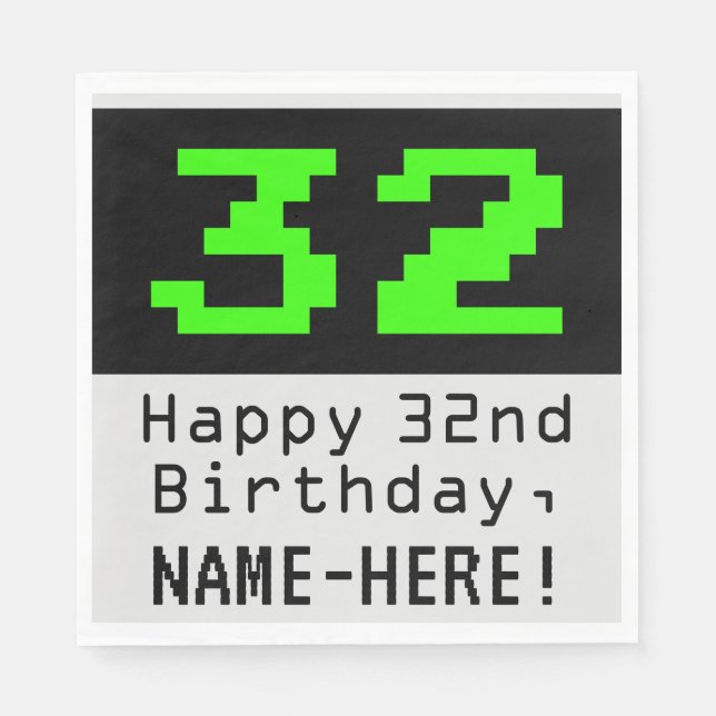 32nd Birthday - Nerdy / Geeky Style "32" & Name Napkin (Front)