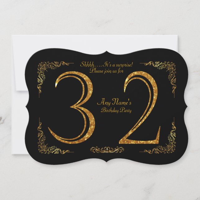 32nd,Birthday party 32nd,great Gatsby,black & gold Invitation (Front)