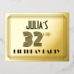 32nd Birthday Party ~ Art Deco Style “32” + Name Foil Invitation Postcard