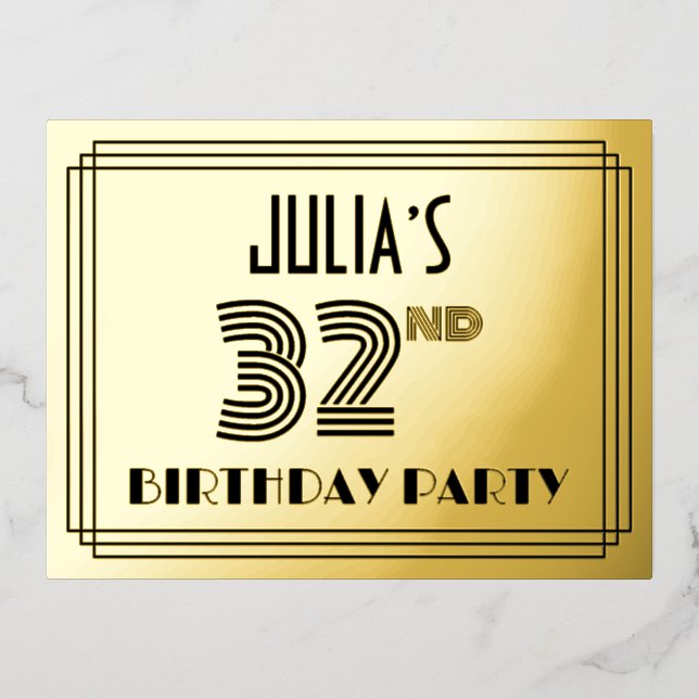 32nd Birthday Party ~ Art Deco Style “32” + Name Foil Invitation Postcard (Front)