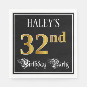 32nd Birthday Party — Fancy Script, Faux Gold Look Napkin