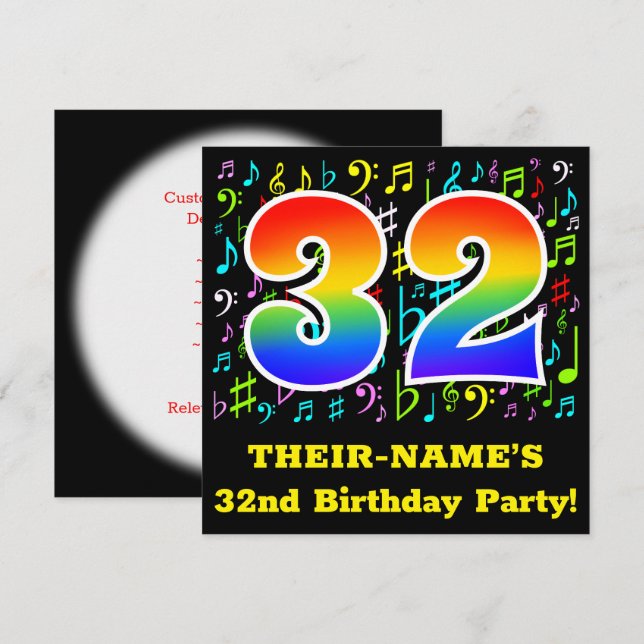 32nd Birthday Party: Fun Music Symbols, Rainbow 32 Invitation (Front/Back)