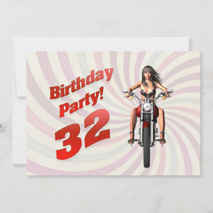 32nd birthday party with a girl on a motorbike invitation