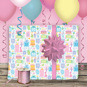 32nd Birthday Pastel Pink Cake Presents Balloons  Wrapping Paper Sheet