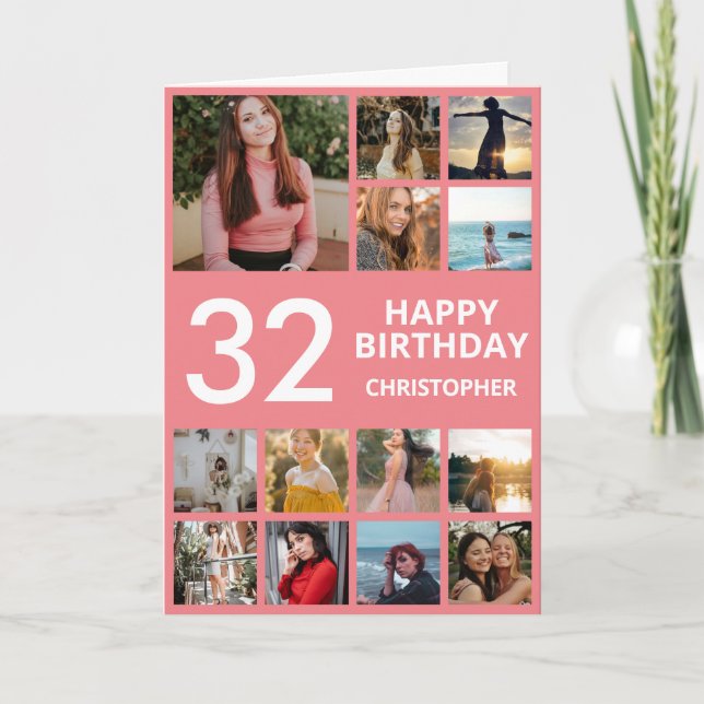 32nd Birthday Photo Collage 13 Photos Pink & White Card (Front)