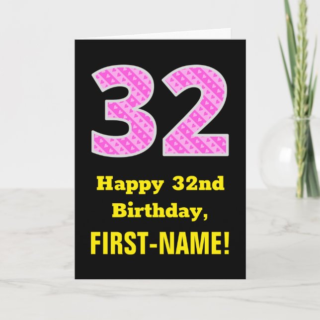 32nd Birthday: Pink Stripes and Hearts "32" + Name Card (Front)