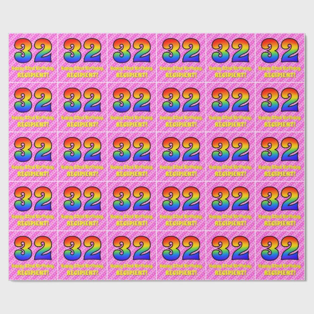 32nd Birthday: Pink Stripes & Hearts, Rainbow # 32 Wrapping Paper (Flat)