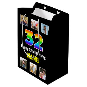 32nd Birthday: Rainbow “32“, Custom Photos & Name Medium Gift Bag