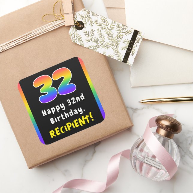 32nd Birthday: Rainbow Spectrum # 32, Custom Name Square Sticker (Gifting)