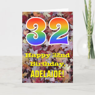 32nd Birthday; Rustic Autumn Leaves; Rainbow "32" Card