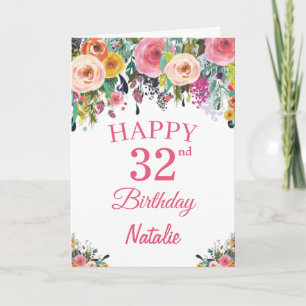 32nd Birthday Watercolor Floral Flowers Pink Card