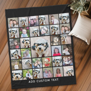 33 Photo Collage Modern Square Layout Black Faux Fleece Blanket