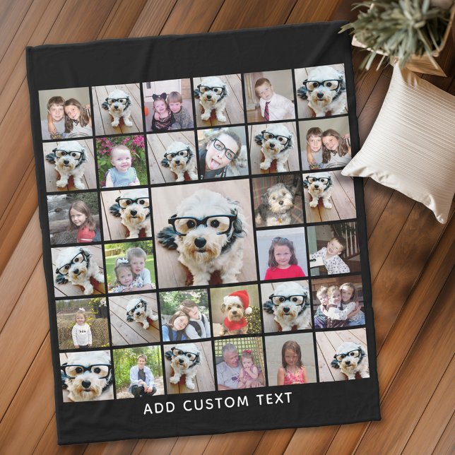 33 Photo Collage Modern Square Layout Black Faux Fleece Blanket (Personalized fleece blanket with 33 photos and text)