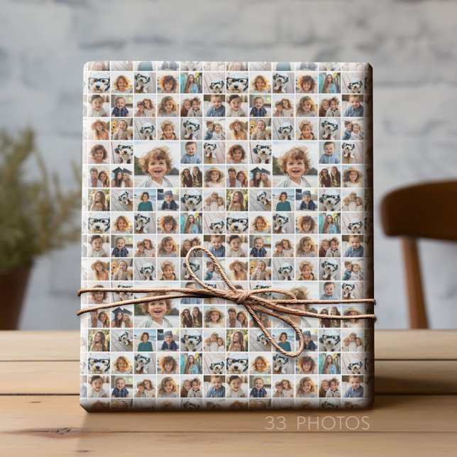 33 Photo Collage Modern Square Layout White Wrapping Paper (Custom Photo Wrapping Paper)