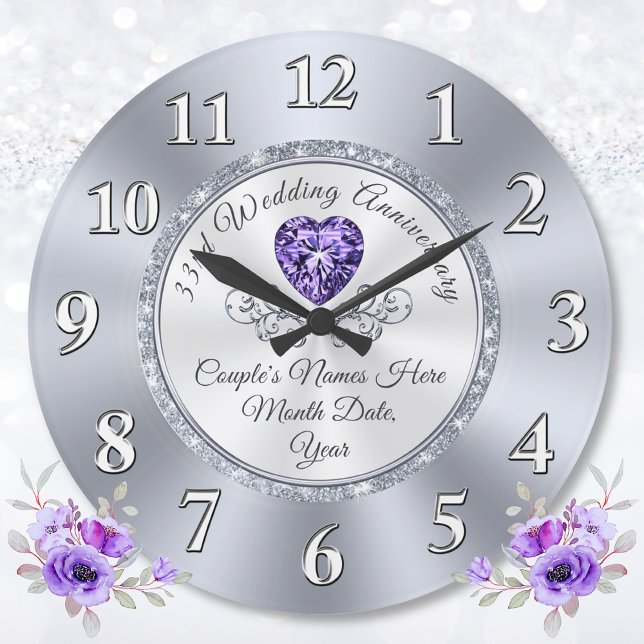 33 Year Wedding Anniversary Traditional Gift,  Large Clock (What is the gift for 33 years of marriage? Amethyst anniversary gift. 33 years married gift.)