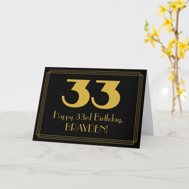 33rd Birthday: Art Deco Inspired Look "33" & Name Card (Yellow Flower)
