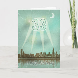 33rd Birthday card with a city and spotlights