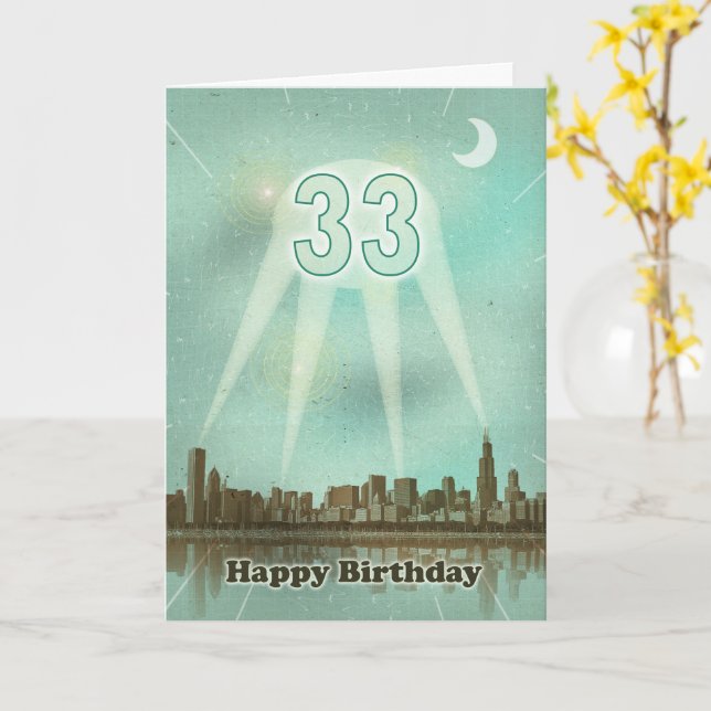 33rd Birthday City and Spotlights Card (Yellow Flower)