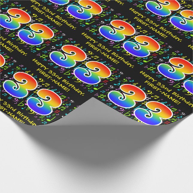 33rd Birthday: Colourful Music Symbols, Rainbow 33 Wrapping Paper (Corner)