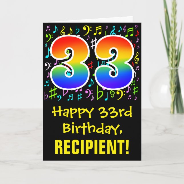 33rd Birthday: Colourful Music Symbols + Rainbow 3 Card (Front)