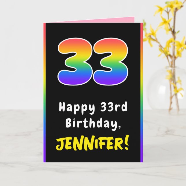 33rd Birthday: Colourful Rainbow # 33, Custom Name Card (Yellow Flower)