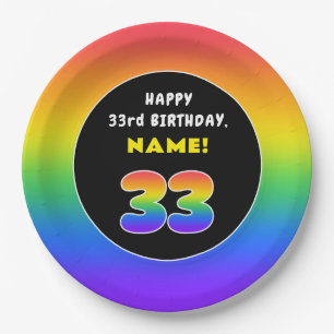 33rd Birthday: Colourful Rainbow # 33, Custom Name Paper Plate