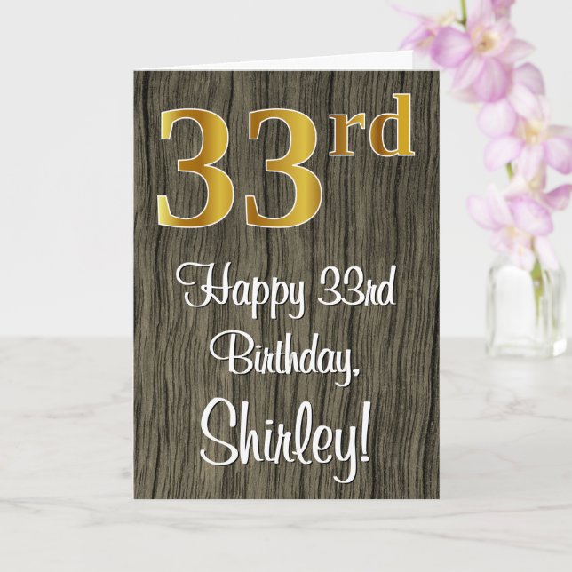 33rd Birthday: Elegant Faux Gold Look #, Faux Wood Card (Orchid)