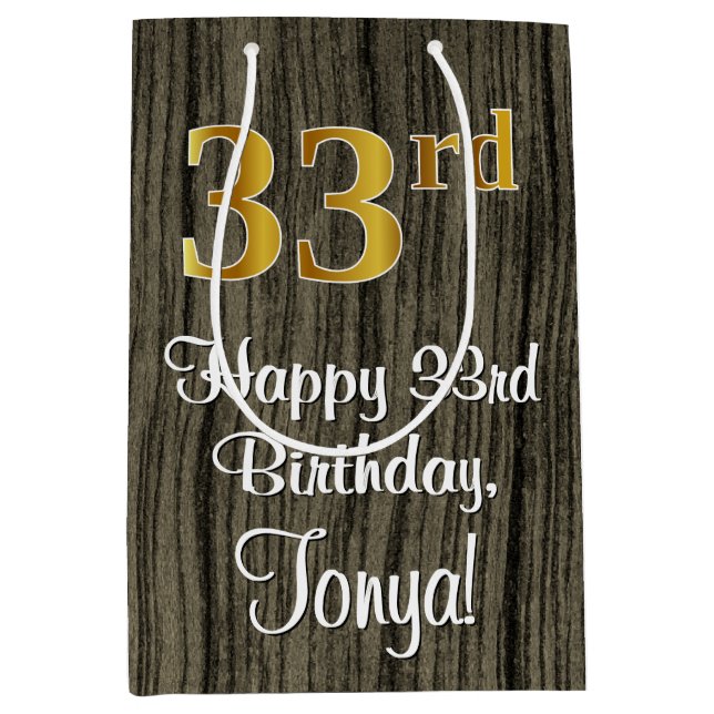 33rd Birthday: Elegant Faux Gold Look #, Faux Wood Medium Gift Bag (Front)