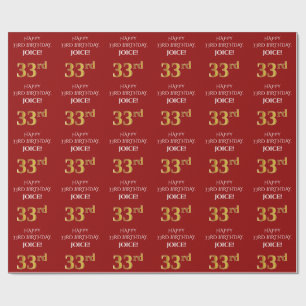 33rd Birthday: Elegant, Red, Faux Gold Look Wrapping Paper