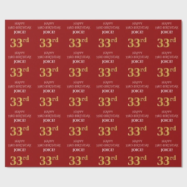 33rd Birthday: Elegant, Red, Faux Gold Look Wrapping Paper (Flat)