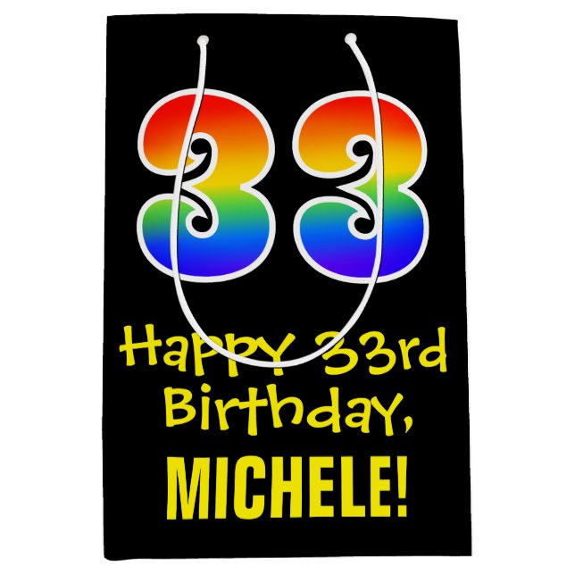 33rd Birthday: Fun, Bold, Colourful, Rainbow "33" Medium Gift Bag (Front)